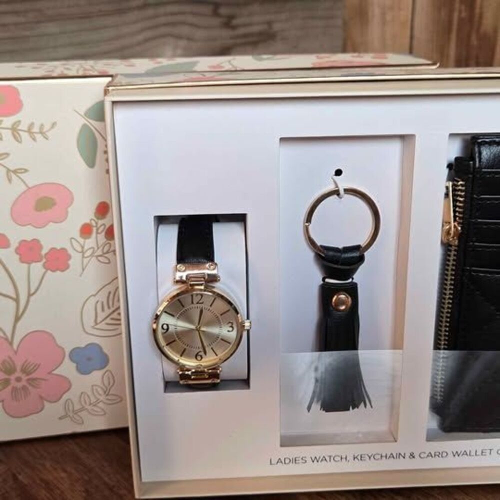 Ladies Black Watch Keychain & Quilted Card Wallet Gift Set Rose Gold New Tested